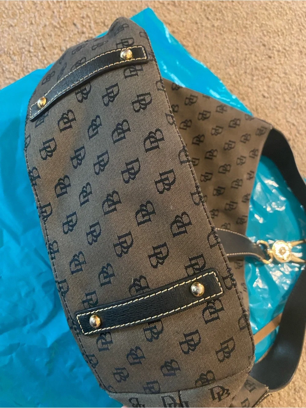 Dooney & Bourke Gray Monogram Hobo with Black Leather Strap and Silver Hardware